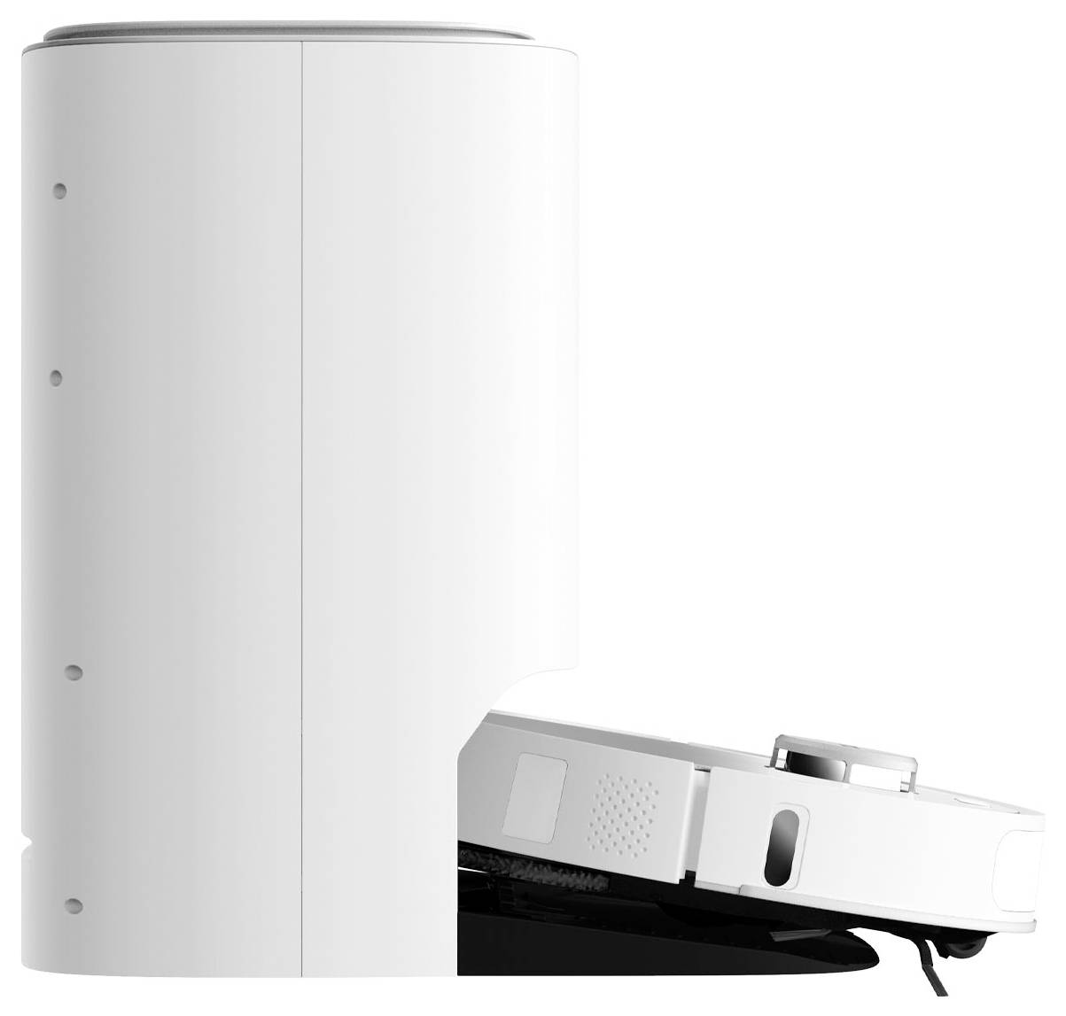 A white Dreame brand robotic vacuum cleaner at its charging station, viewed from the side.