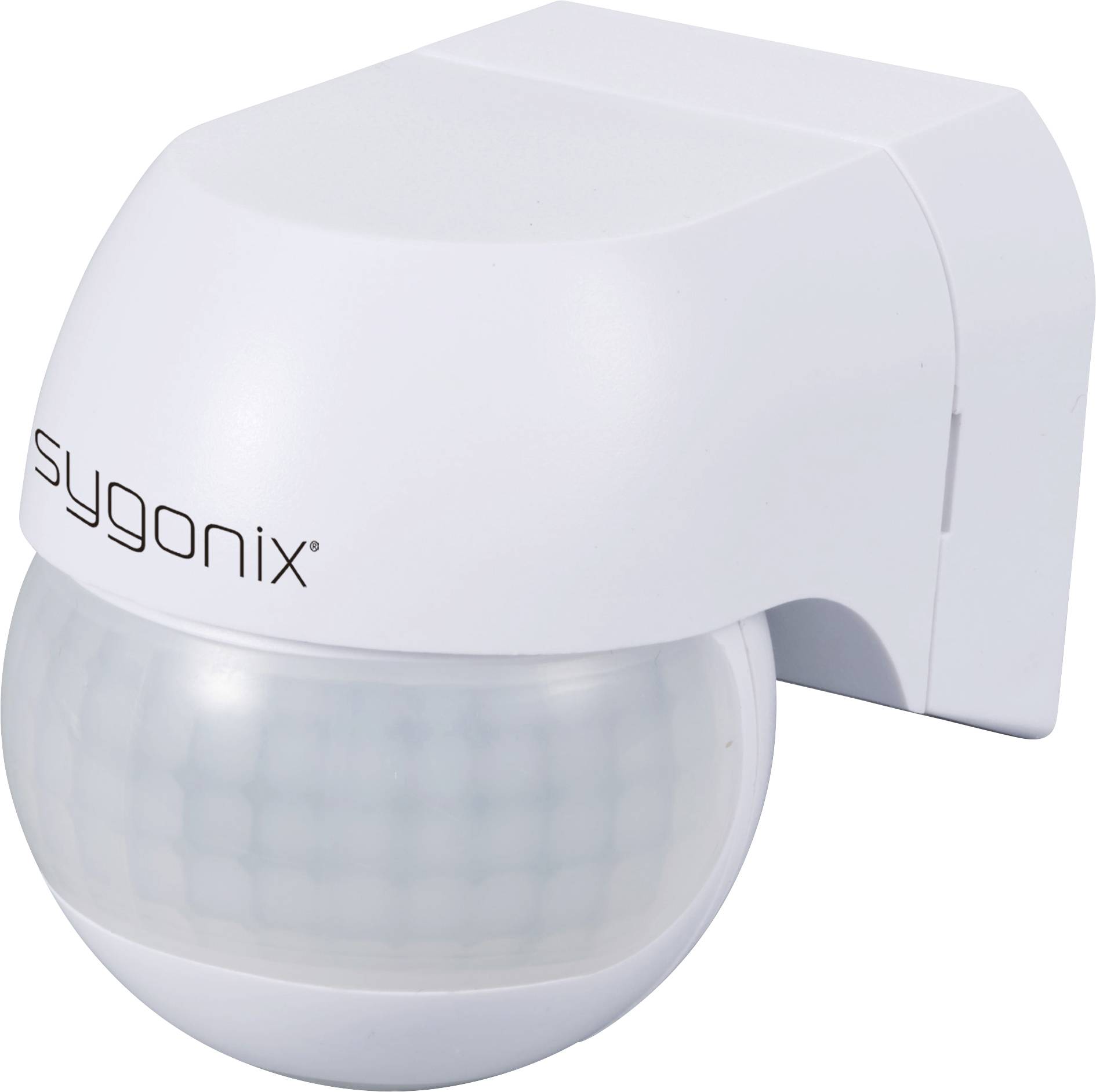 Wall-mounted motion sensor with white casing and curved sensor surface, suitable for automatic lighting control.