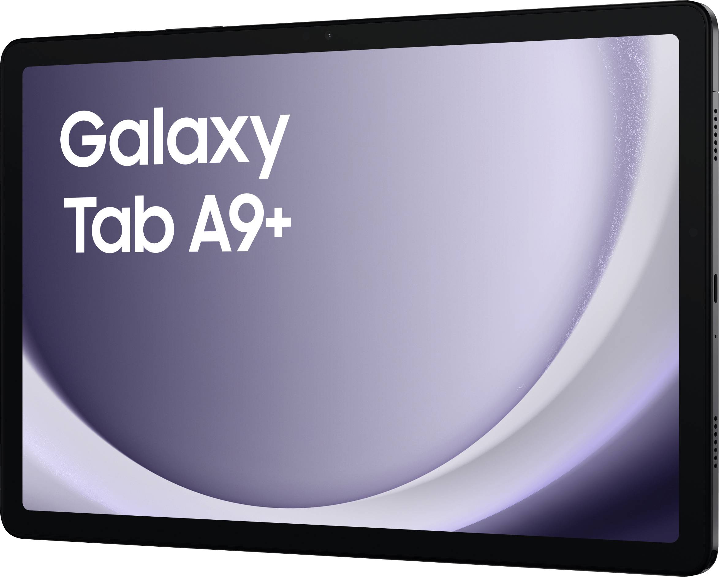 Black tablet with rounded corners. On the screen it reads 'Galaxy Tab A9+' against an abstract, violet background.