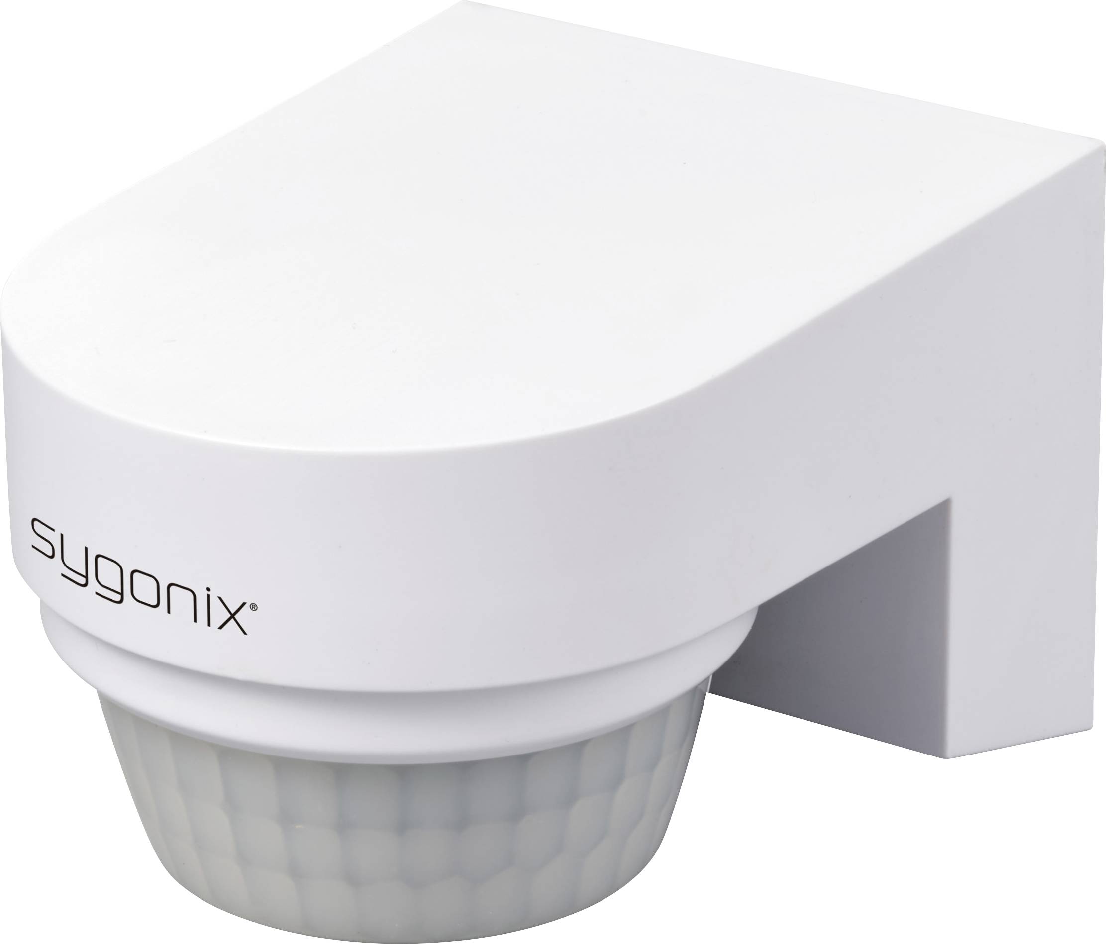 A white, wall-mounted motion sensor by 'sygonix' for security or lighting control purposes.