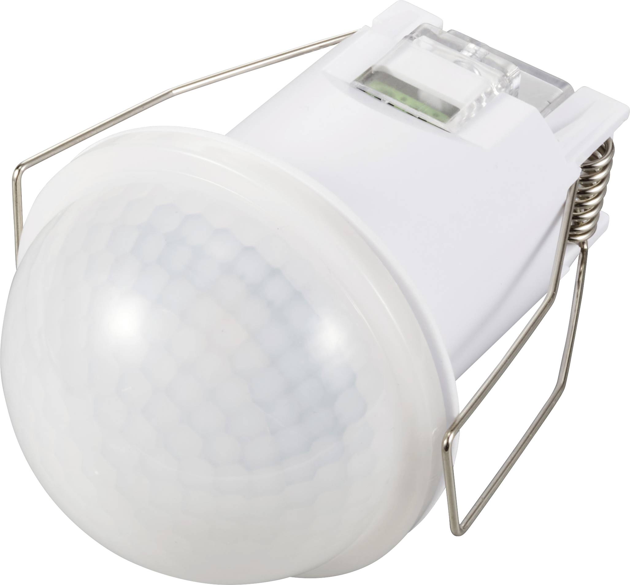A white motion sensor with a circular cover and metal brackets, suitable for ceiling mounting in indoor spaces.