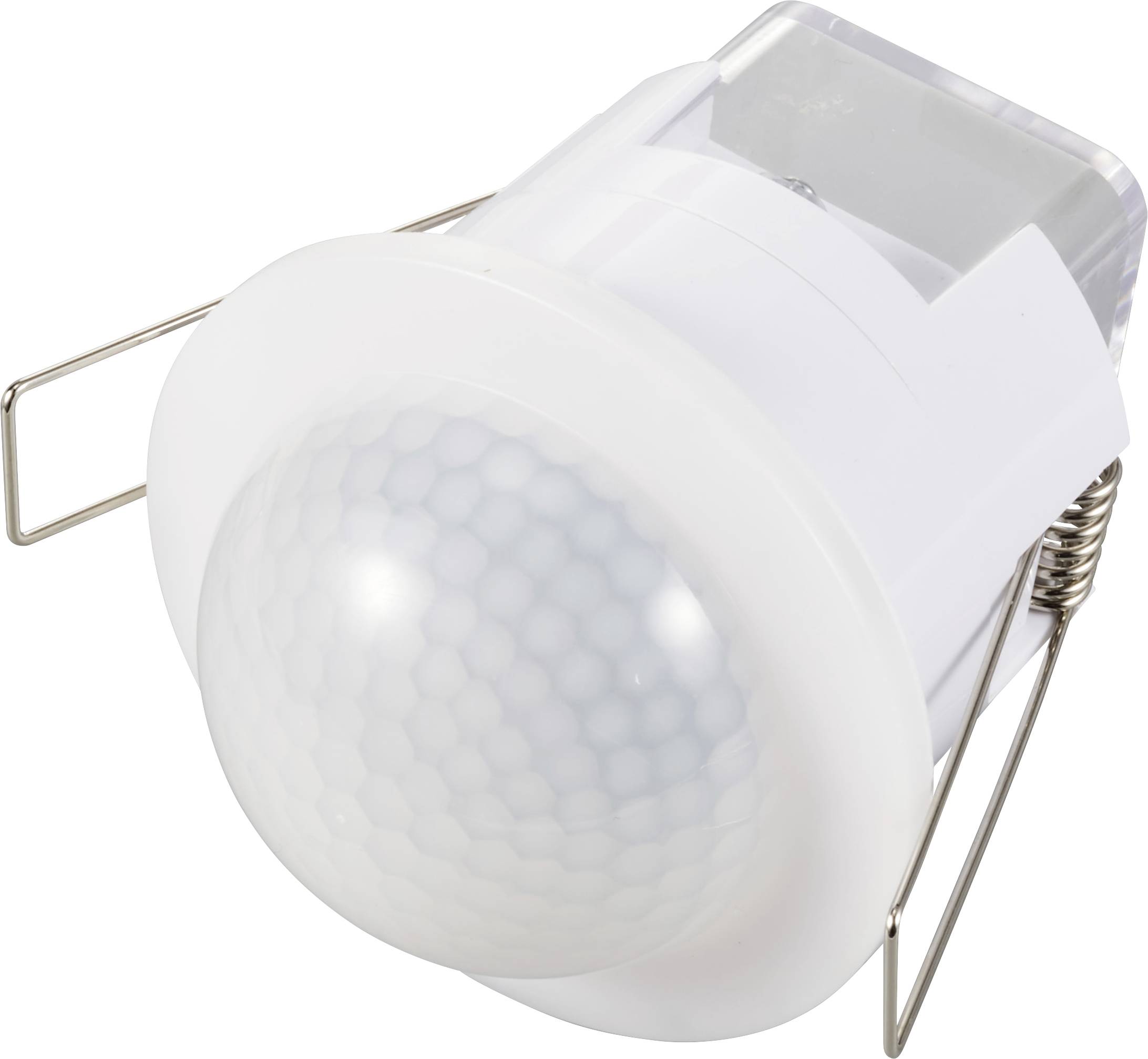 A round, white motion sensor with a honeycomb structure on the surface, mounted in a holder with metal clips.
