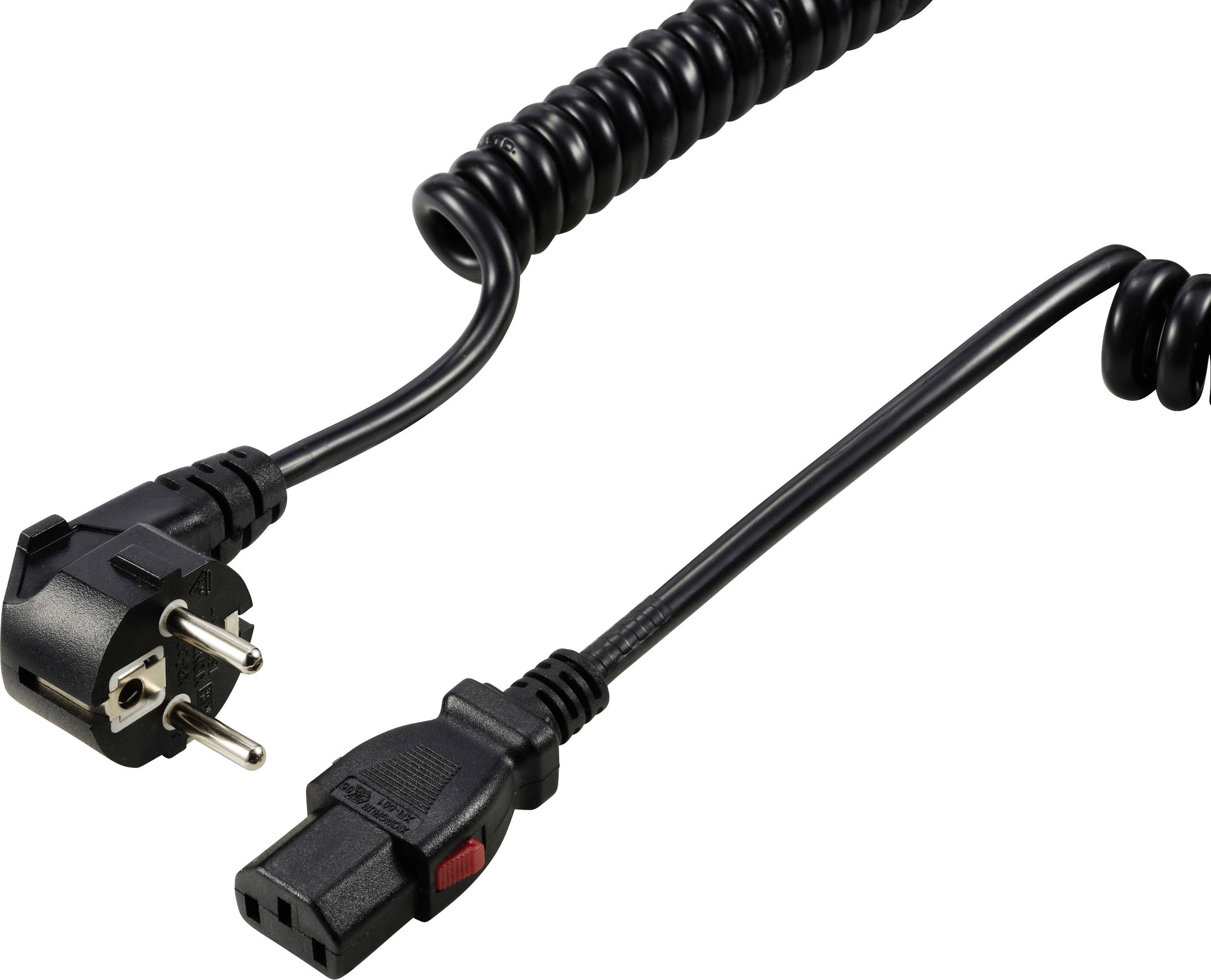 A black, spiral-shaped network cable with a plug and a device connector.