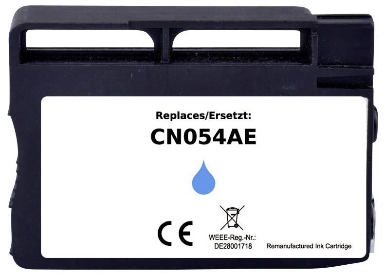 Ink cartridge labeled 'Replaces/Ersetzt: CN054AE', with a blue droplet symbol, CE mark, and text indicating it's a remanufactured product.