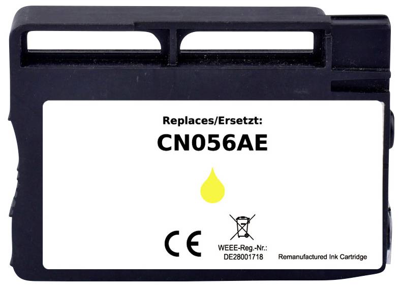 'Remanufactured ink cartridge CN056AE for HP printers' with yellow drop symbol, CE mark, and recycling information.