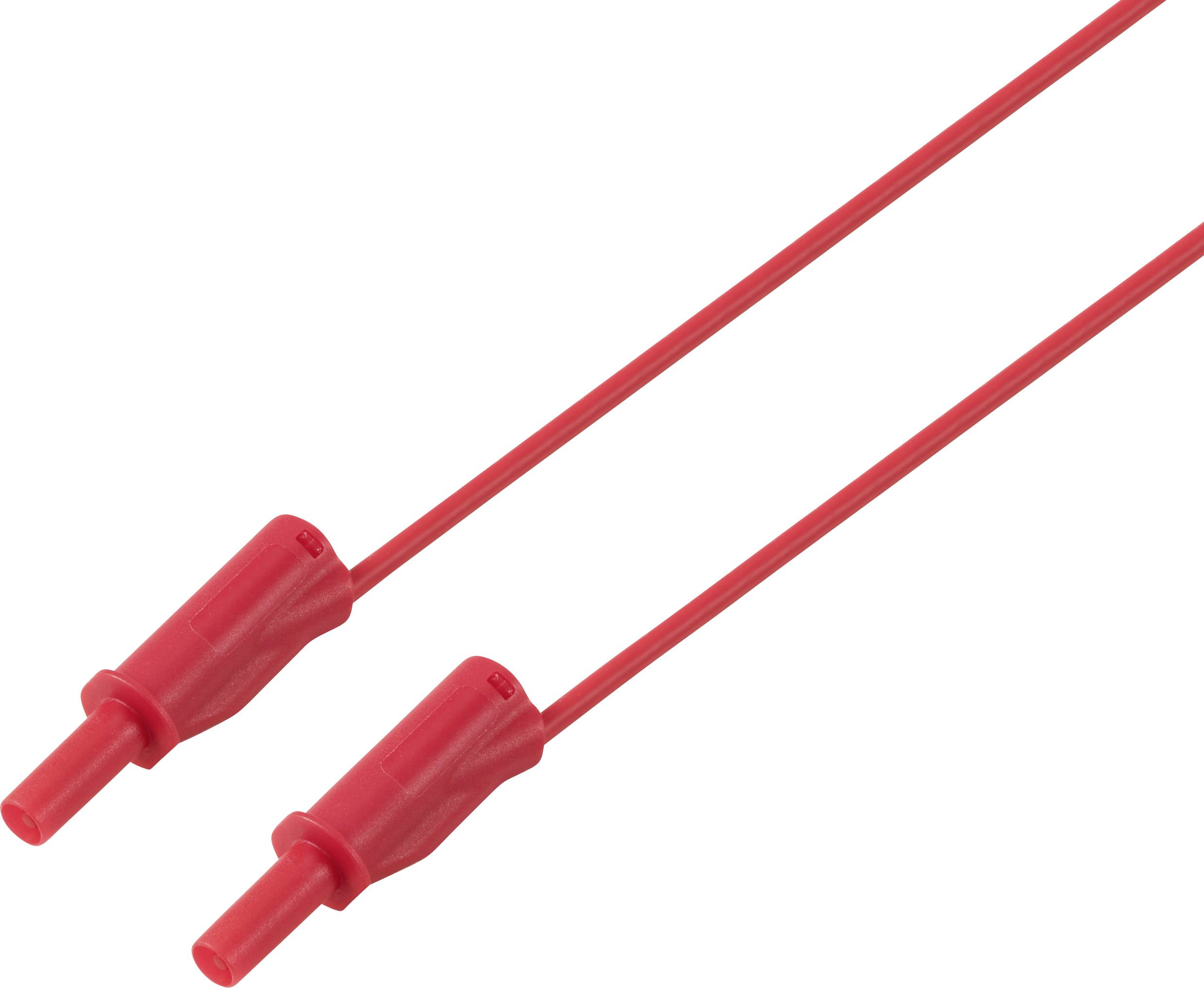 Two red test leads for electrical tests, each fitted with a covered plug.