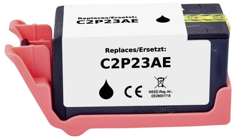Black ink cartridge labeled 'Replaces/Ersetzt: C2P23AE', placed in a red holder.