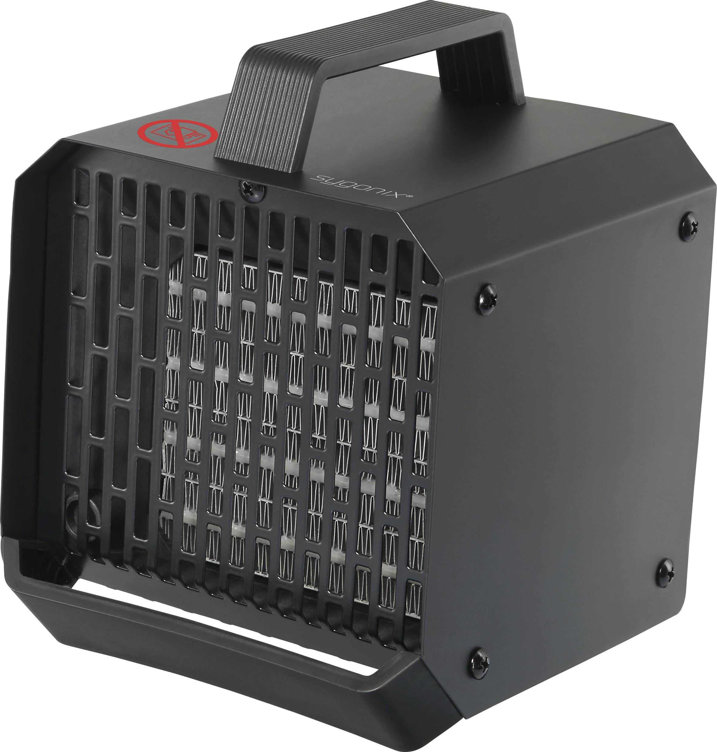 A black, square fan heater with a carry handle and ventilation grille on the front.