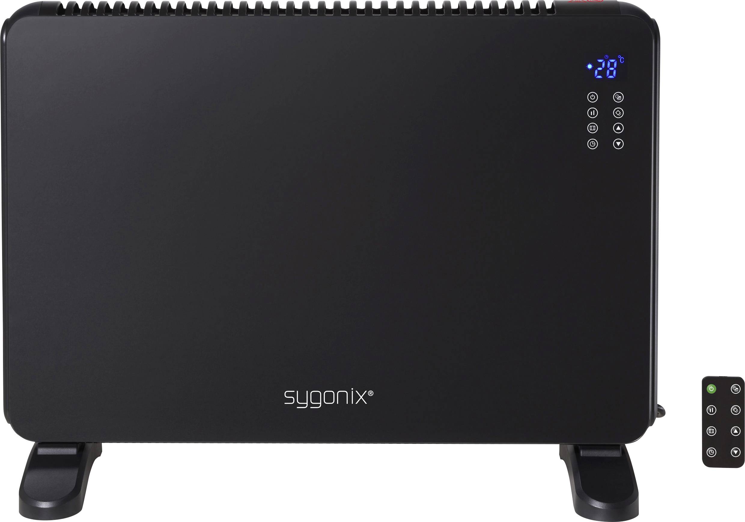 A black fan heater with a digital display shows '-28°'. A small remote control lies beside it.