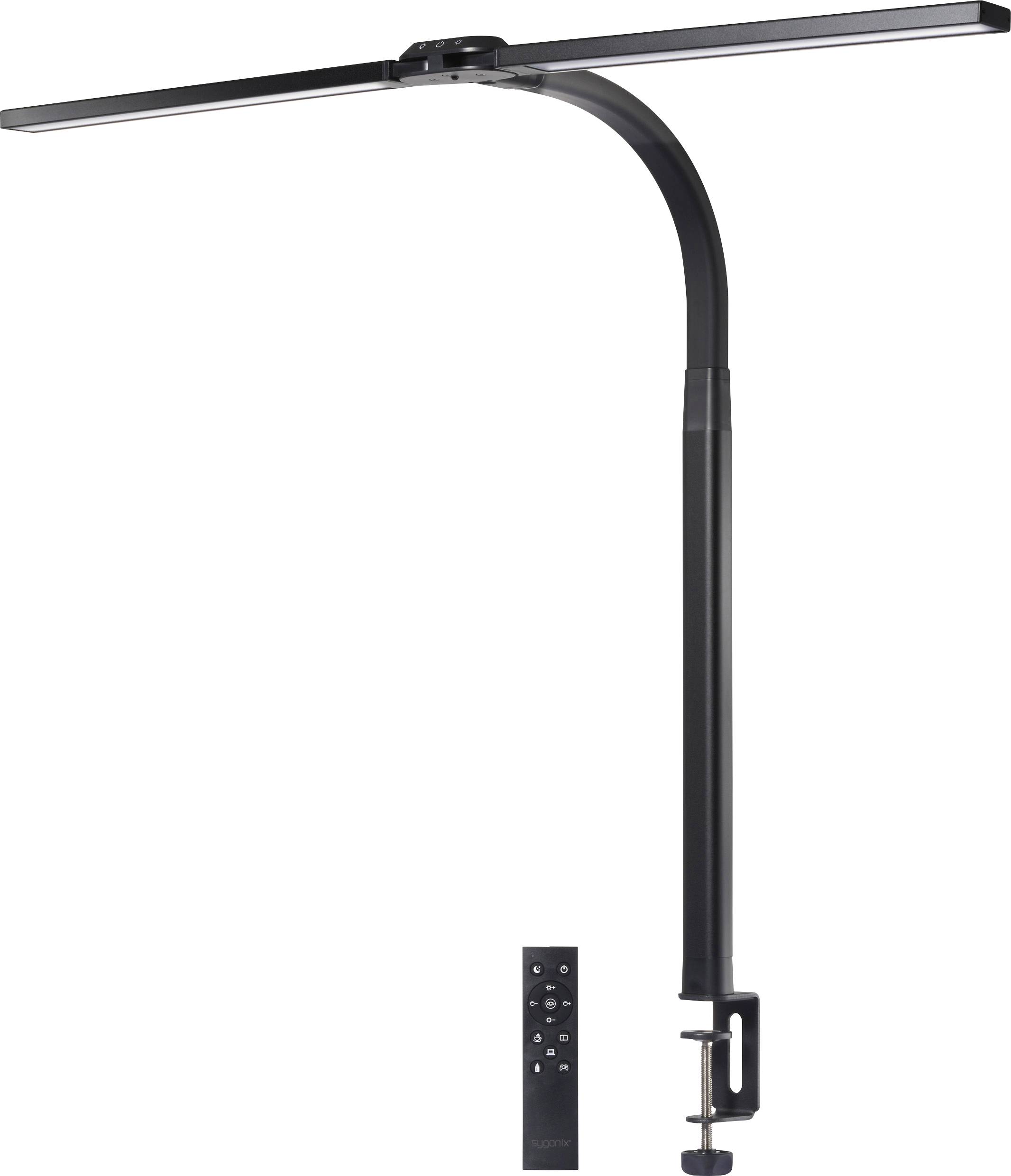 Black LED desk lamp with flexible neck and rectangular lampshade. Includes a remote control for settings.