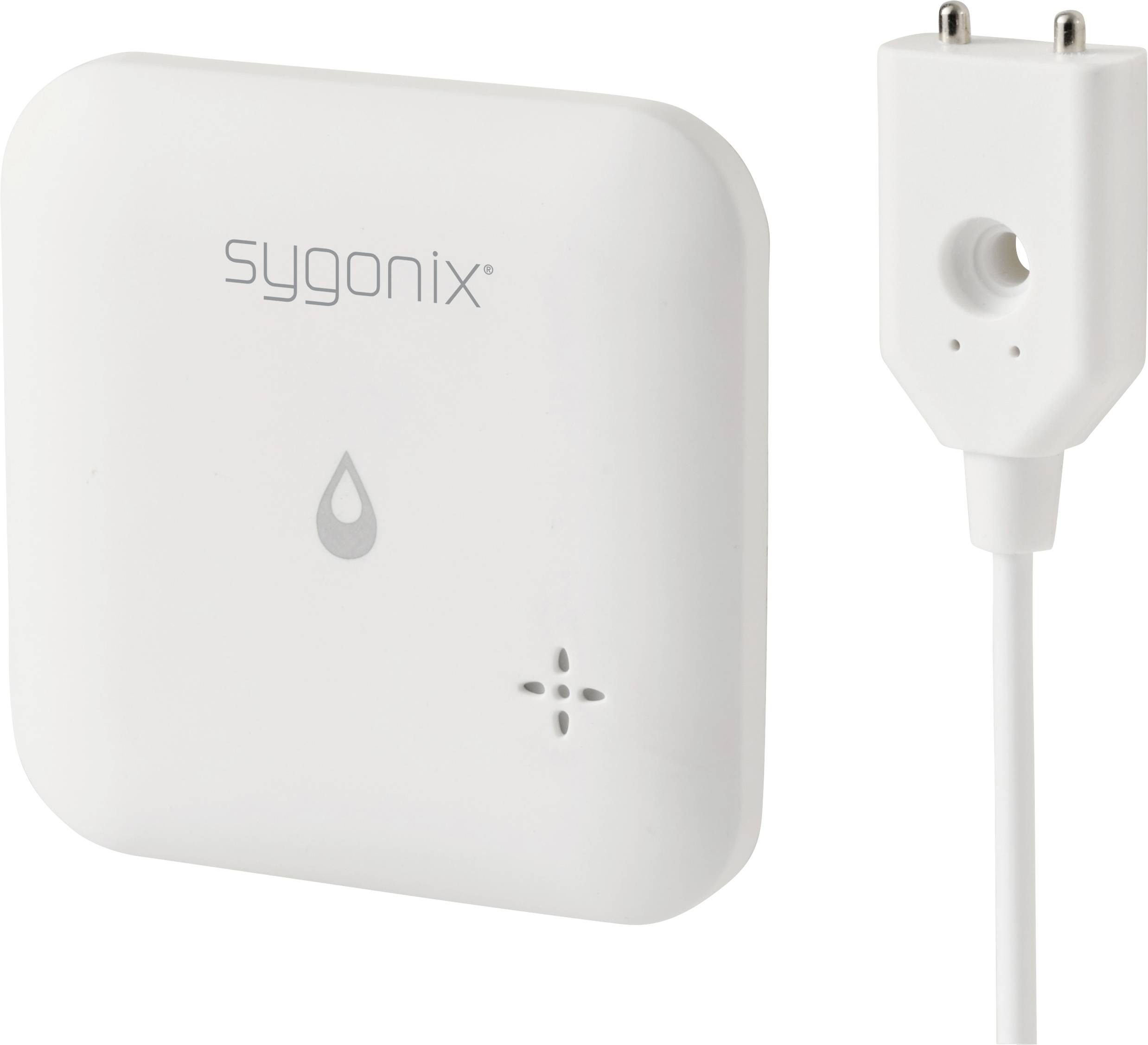 A white water detector with a 'sygonix' logo and water droplet symbol; a cable with a sensor beside it on the right.