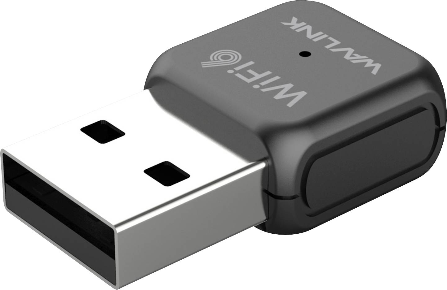 A small, rectangular USB Wi-Fi adapter in black and silver, used for wireless internet connections on computers.
