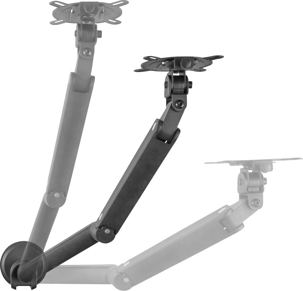 An adjustable monitor mounting arm shows three different positions: upright, centre, and lowered.