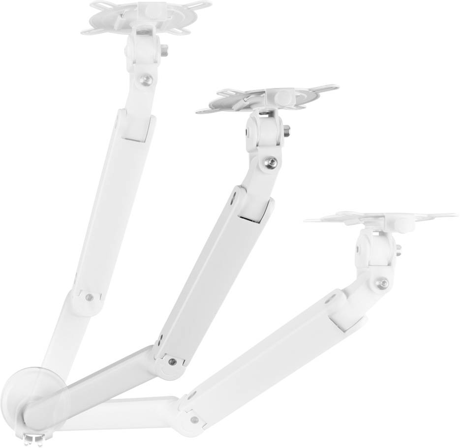 White, adjustable monitor mount with three joints, showing various positions. Ideal for flexible screen placement.