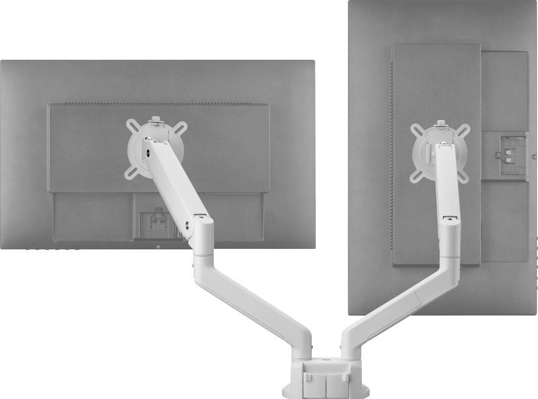 Two monitors, mounted on a flexible white dual-arm mounting system, enable individual screen positioning.