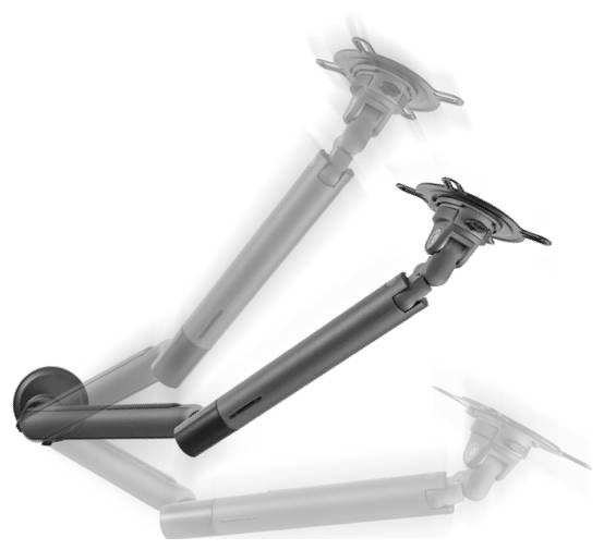 An adjustable monitor arm in motion is shown. The arm is depicted in multiple positions to illustrate flexibility.