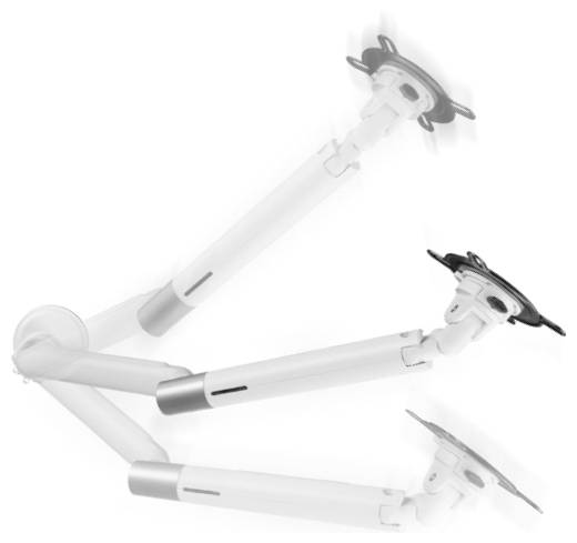 A height-adjustable, white monitor arm in three positions demonstrates movement and flexibility. Suitable for ergonomic workplace solutions.