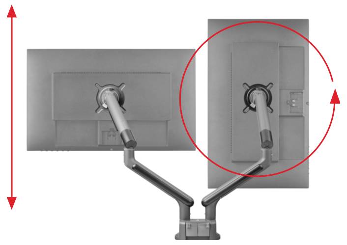 Two monitors on adjustable arms, with the right monitor showing height adjustability via a double-headed arrow.