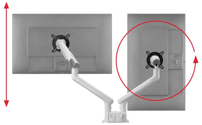 Two monitors with articulated arm mounts that are adjustable vertically and horizontally; directional arrows indicate possible adjustments.