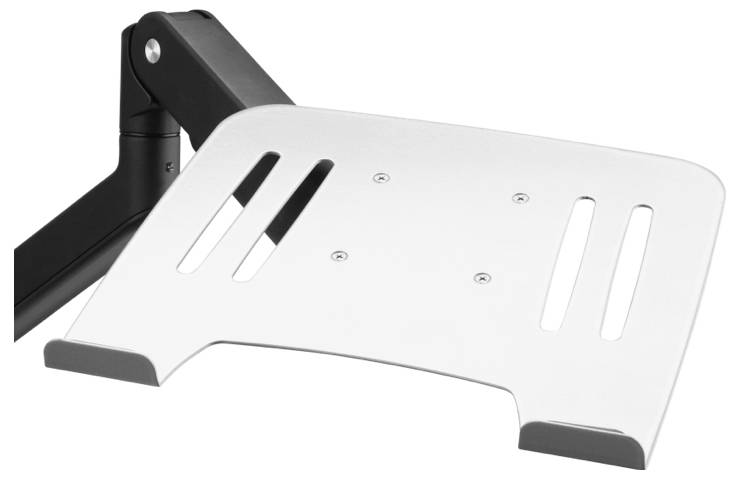 A white shelf surface with slots on an adjustable arm, suitable for keyboards or small laptops.