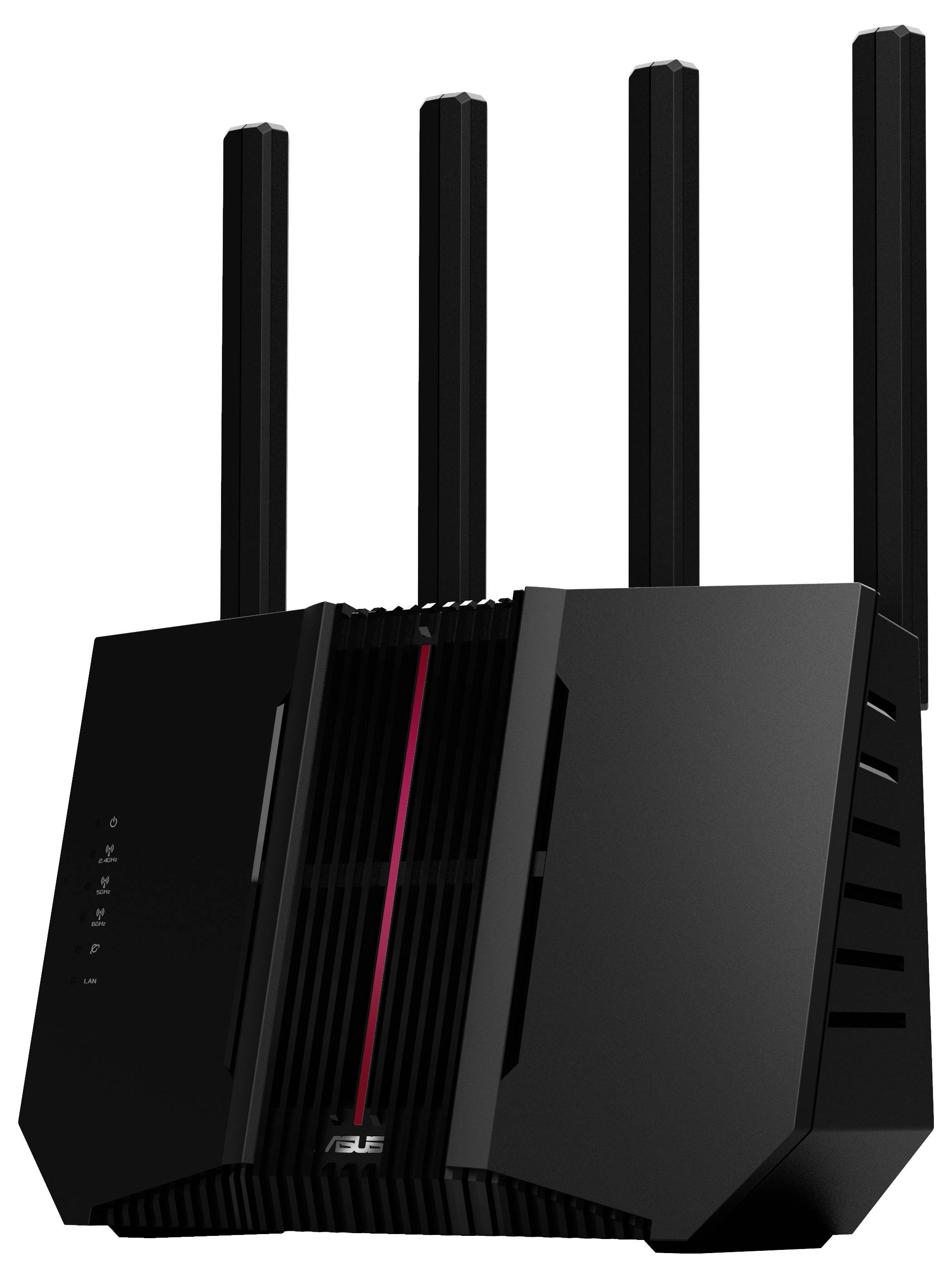 Black Wi-Fi router with three aerials, modern design with red accent lines.