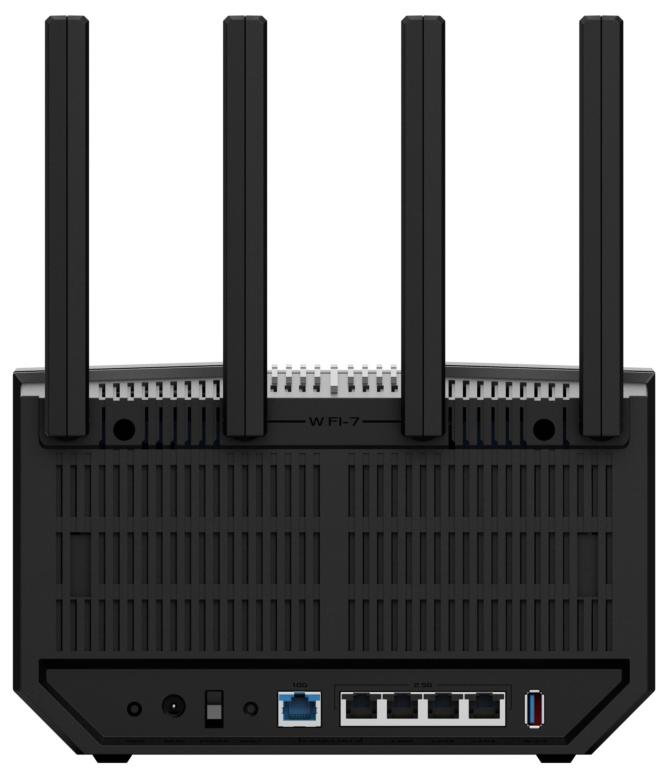A black router with four aerials, Wi-Fi 7, LAN and USB ports on the rear.