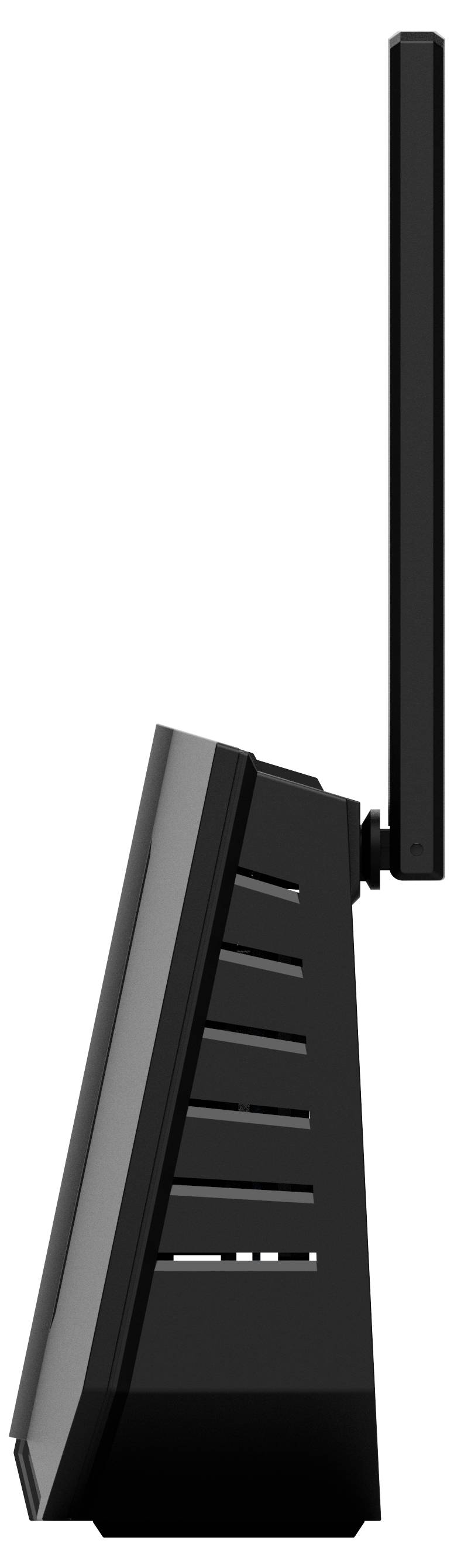 A side view of a black router with a vertically mounted antenna. The design is sleek and modern.
