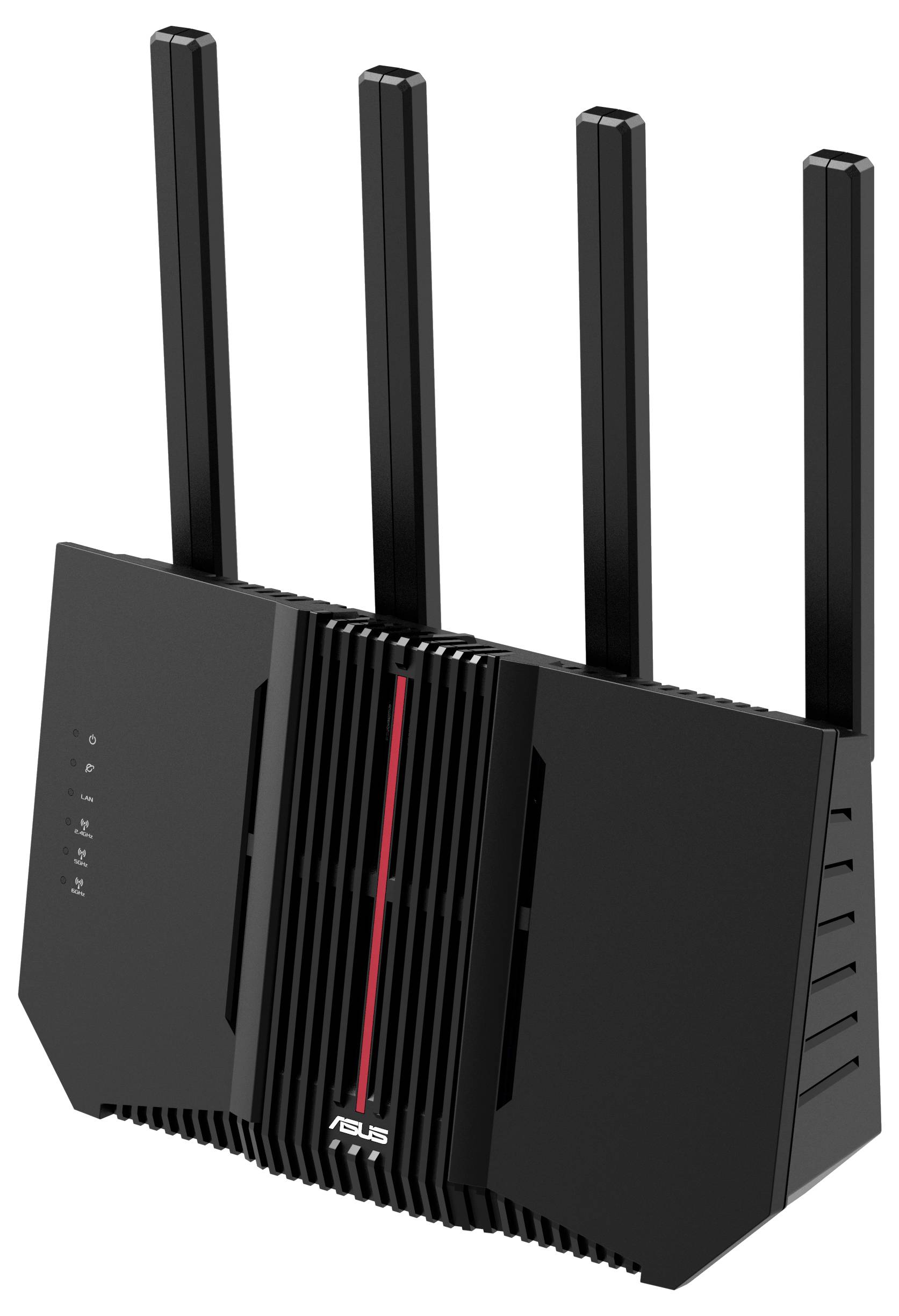 Black Wi-Fi router with four vertical aerials, front view with red accents and manufacturer logo in the centre.