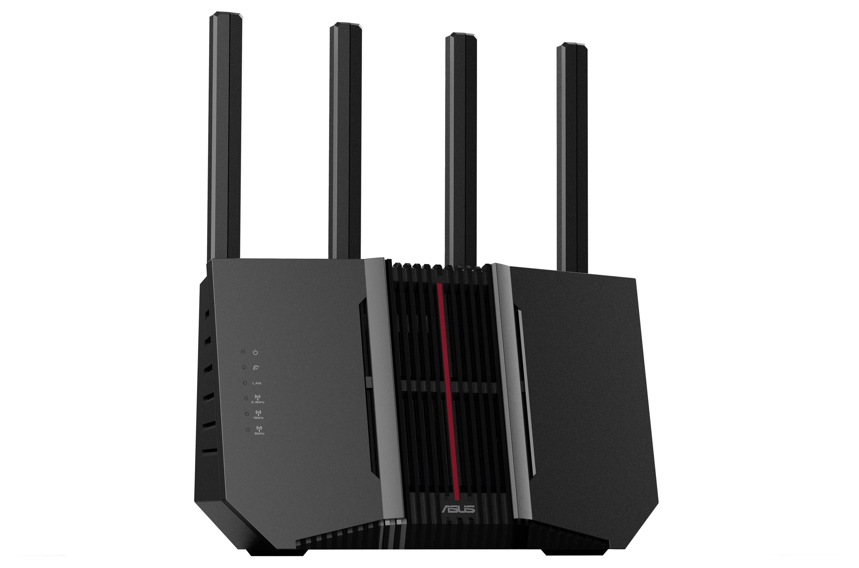 A black Wi-Fi router with four upright aerials and multiple ports on the side; modern, sleek design.