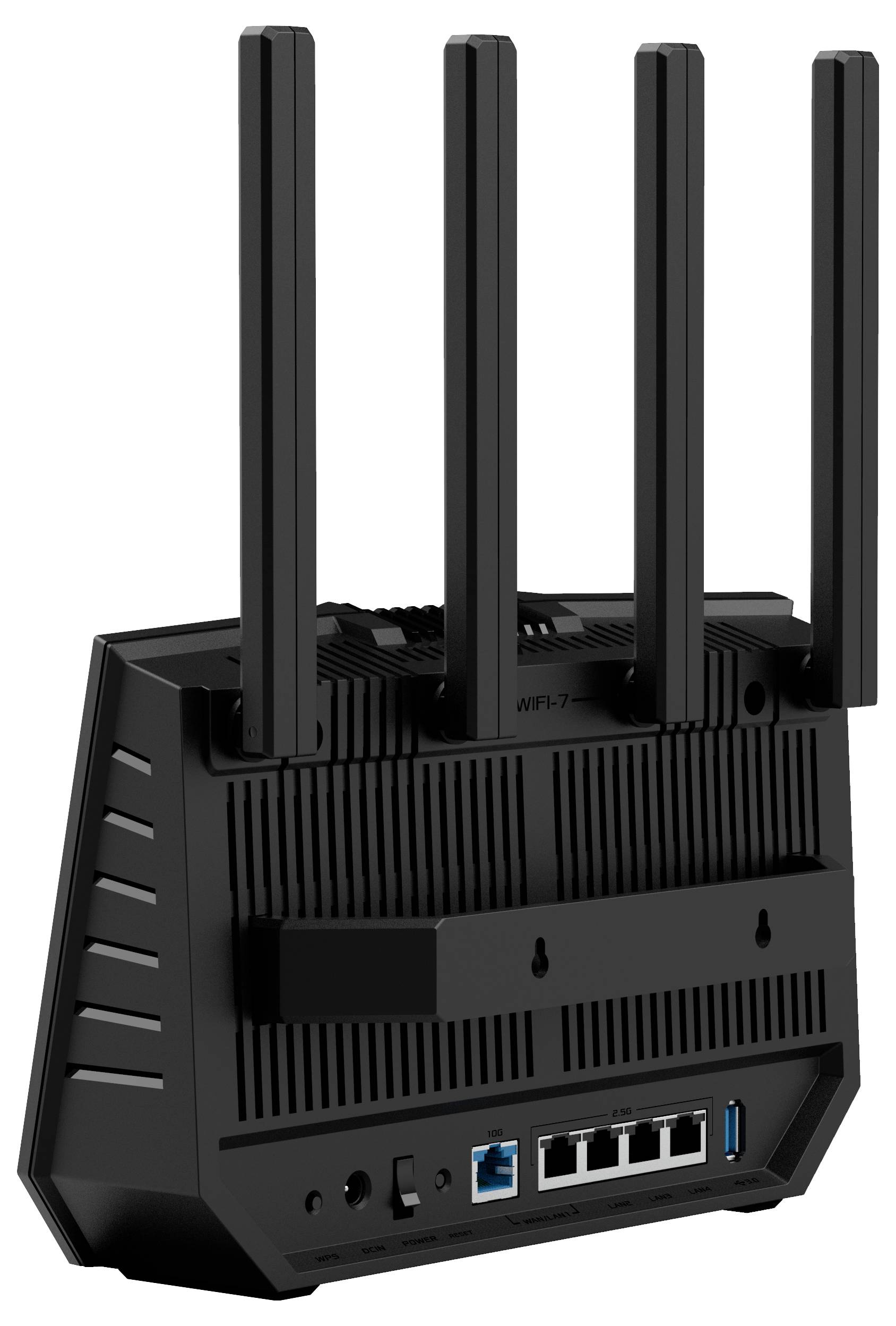 Wi-Fi router with four aerials and multiple network ports on the rear.
