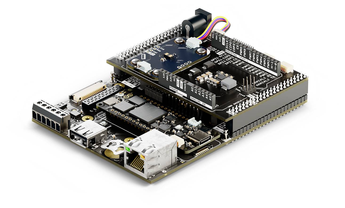Illustrated is a technical device with two superimposed circuit boards full of electronic components and connectors.