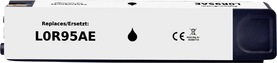 Black ink cartridge, model LOR95AE, replaces existing one. Compatible with devices marked CE. Includes a droplet icon and recycling symbol.