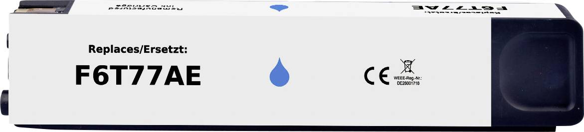 Printer ink cartridge labeled 'Replaces/Ersatz: F6T77AE', with a blue water drop icon and certification markings.