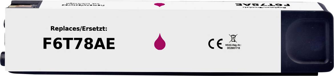 The image shows a compatible magenta toner cartridge labeled 'Replaces: F6T78AE', with CE and recycling symbols printed on it.