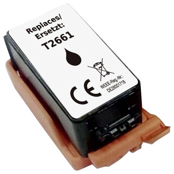 Ink cartridge labeled 'Replaces/Ersetzt: T2661' with a droplet icon, CE mark, recycling symbol, and product details on the side.