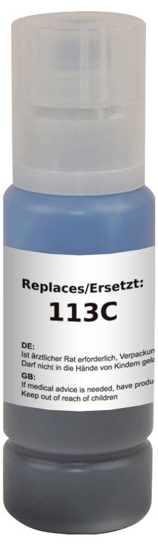 A bottle labeled 'Replaces/Ersetzt: 113C' with safety instructions in German and English. The bottle contains blue liquid.