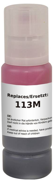 A bottle labeled 'Replaces/Ersetzt: 113M' with safety notices in German and English about keeping out of children's reach.