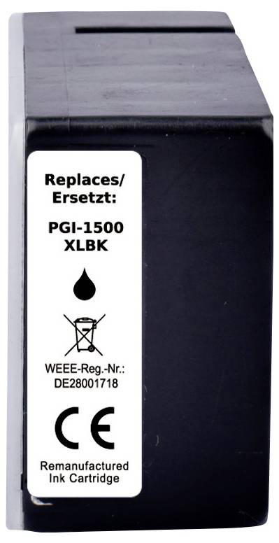 Ink cartridge labeled 'Replaces PGI-1500 XL BK', with CE mark and WEEE registration number, for remanufactured printer use.
