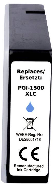 Ink cartridge labeled 'Replaces/Ersetzt: PGI-1500 XLC.' Features a blue droplet icon, WEEE-Reg.-Nr.: DE28001718, and remanufactured ink cartridge text.