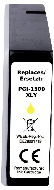 Yellow ink cartridge, labeled 'Replaces/Ersetzt: PGI-1500 XLY', with certifications including CE mark; remanufactured product.