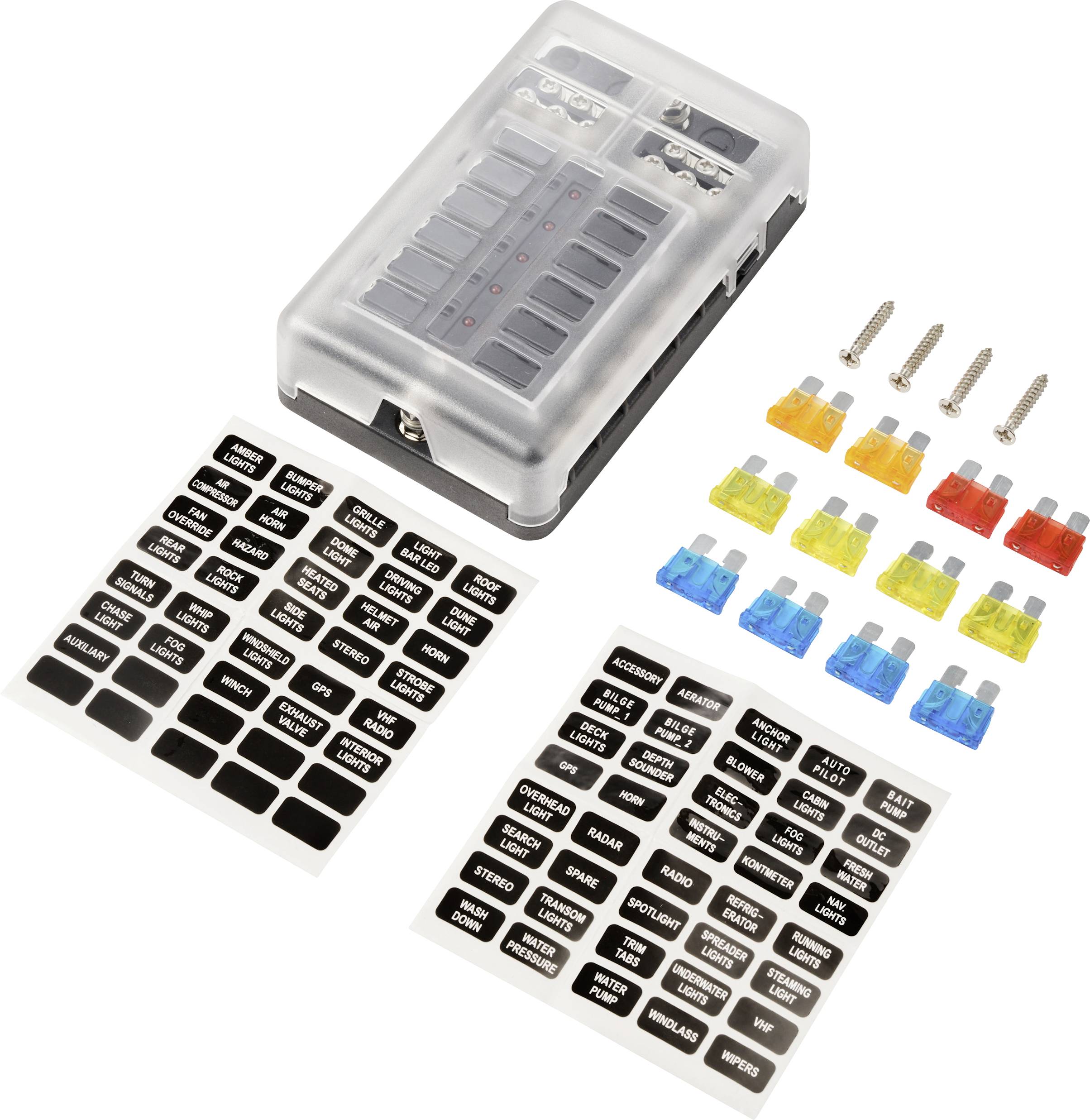 Fuse holder with transparent cover, labels, coloured fuses and screws. Suitable for electrical applications.