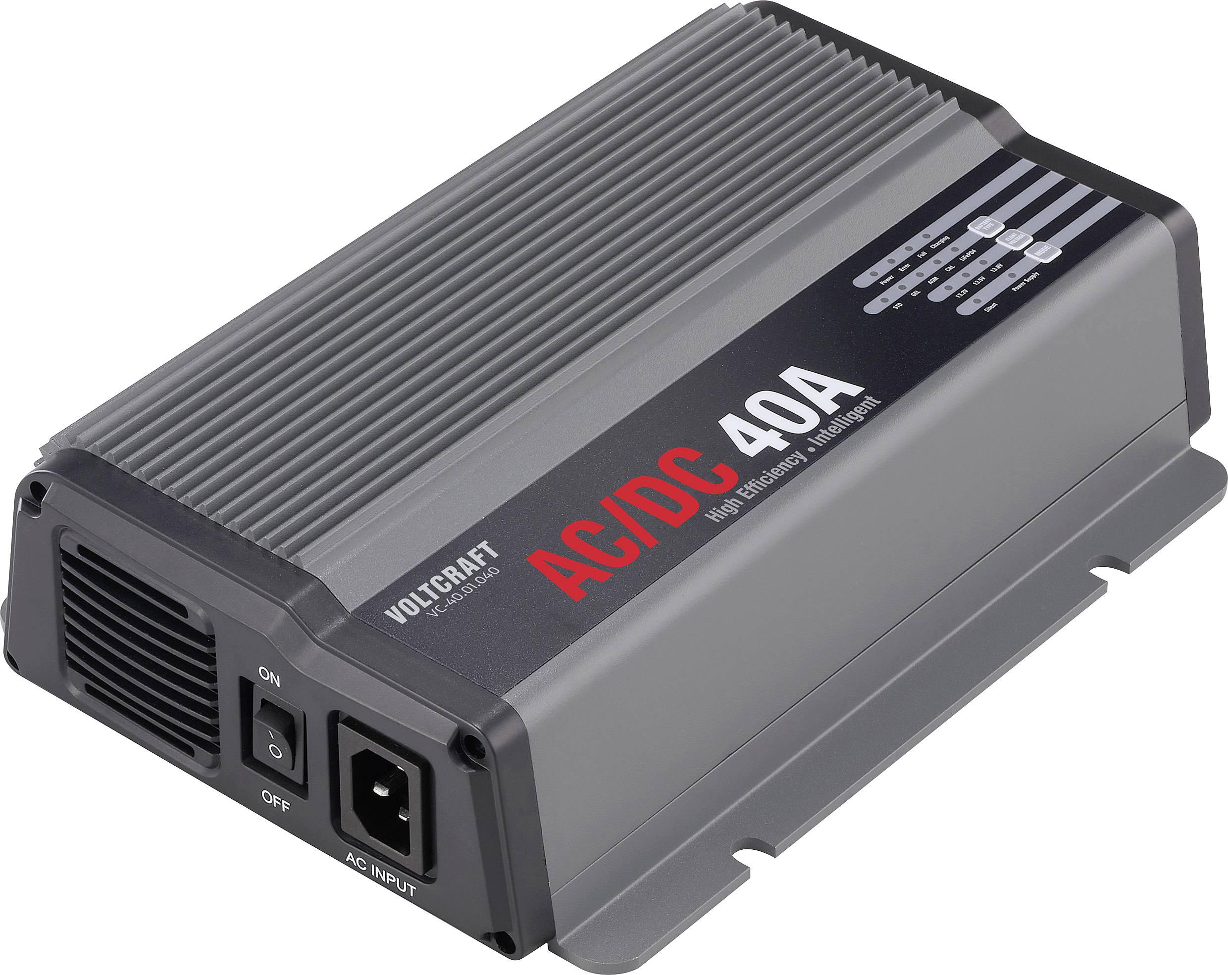 A black and grey Voltcraft AC/DC power supply, model 40A. It shows an on/off switch and AC input connections.