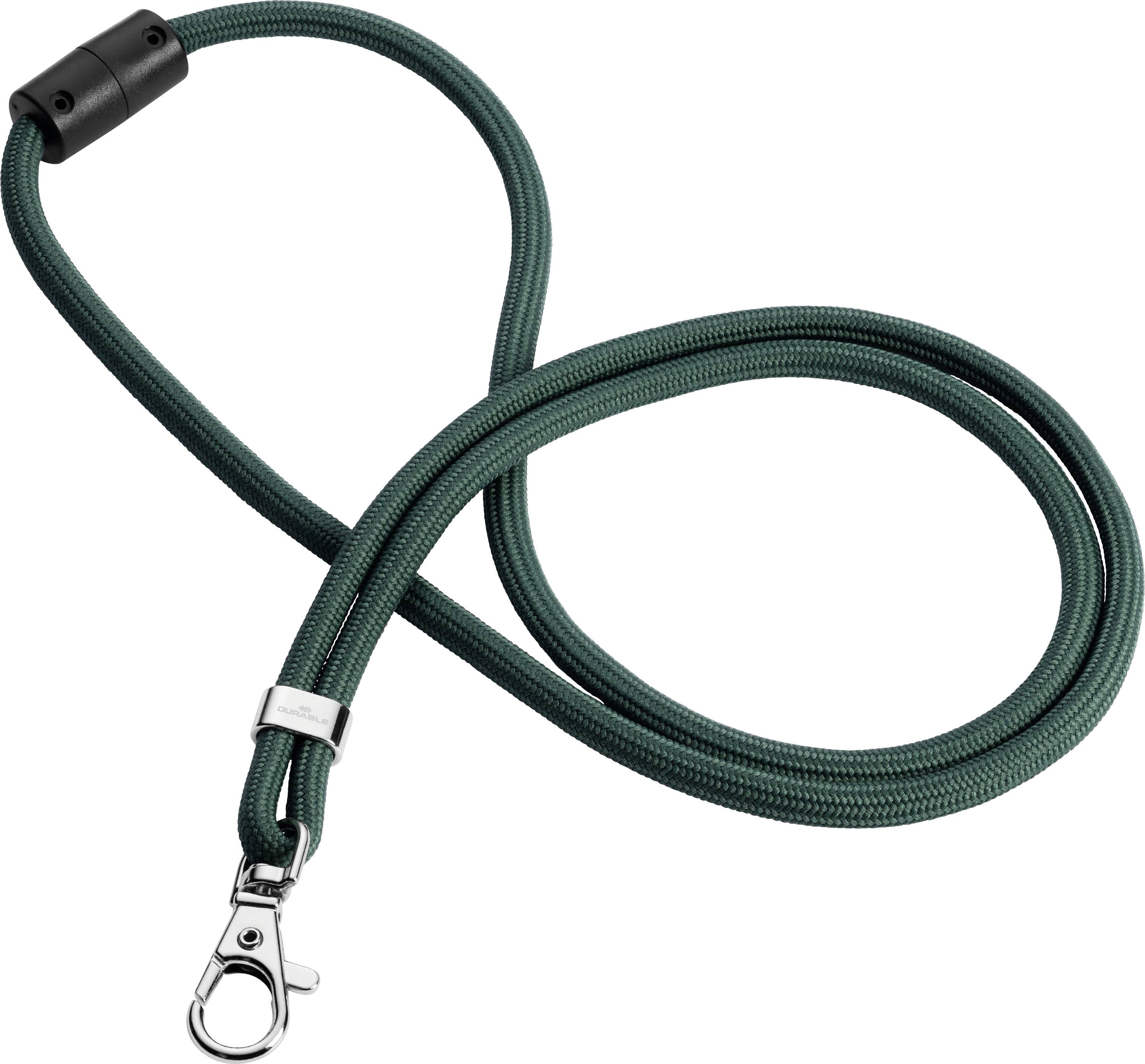 A green rope dog collar with a silver carabiner hook and black plastic fastener.