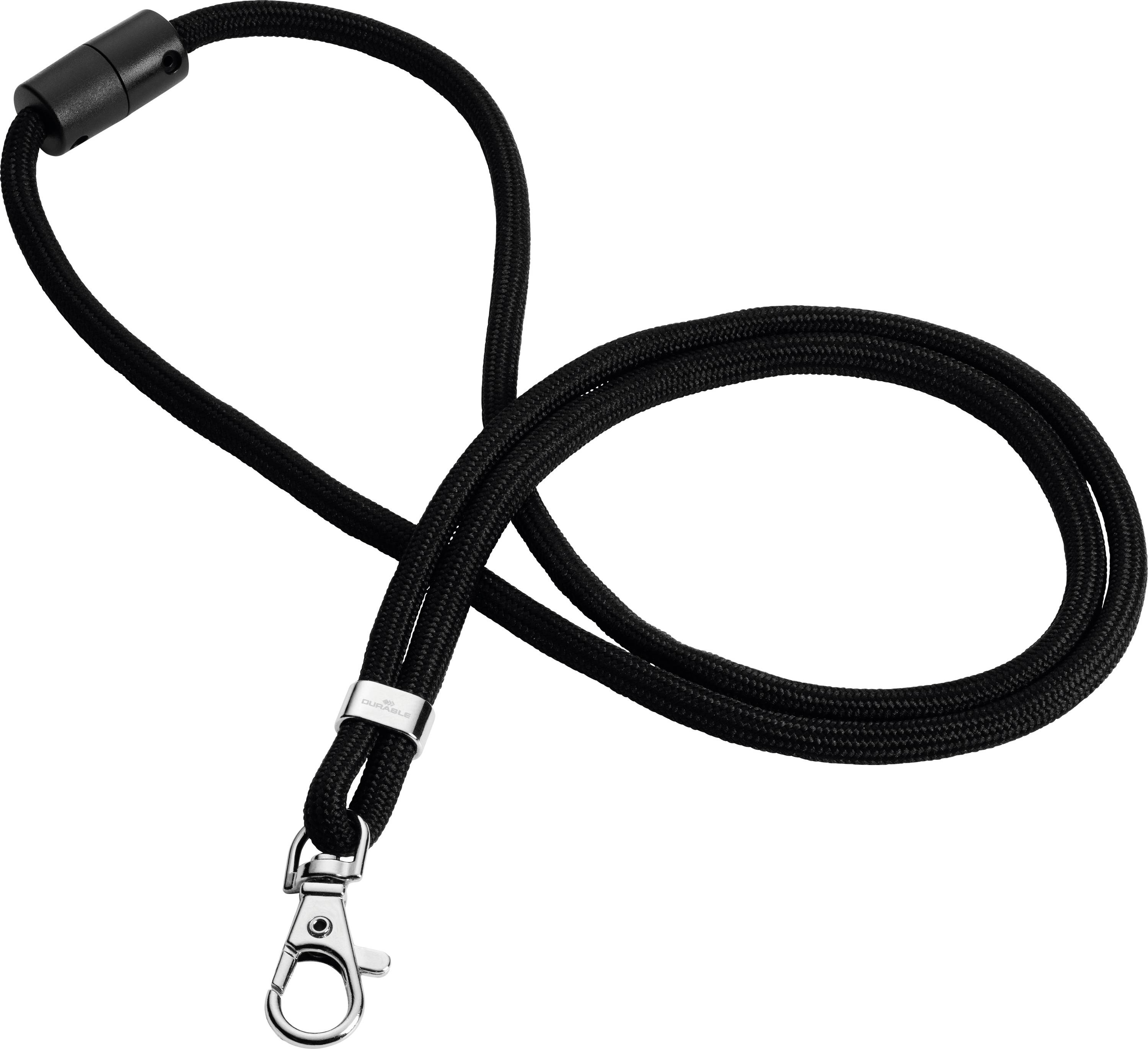 A black leather strap with a silver hook for securing items. Ideal for keys or small accessories.