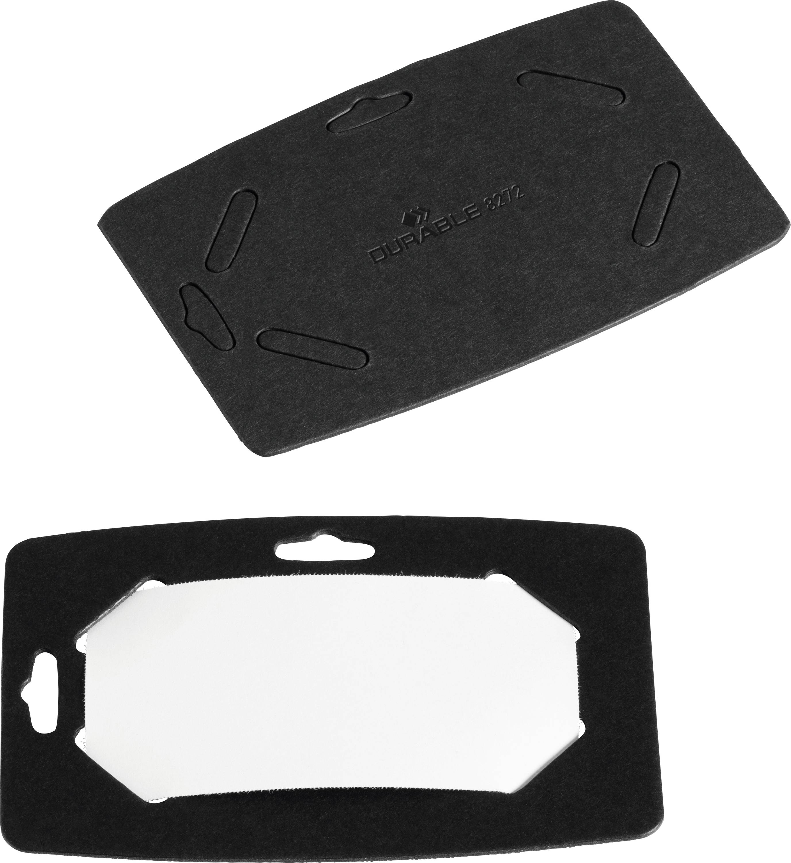 A black ID card holder with cut-outs for fastening.
