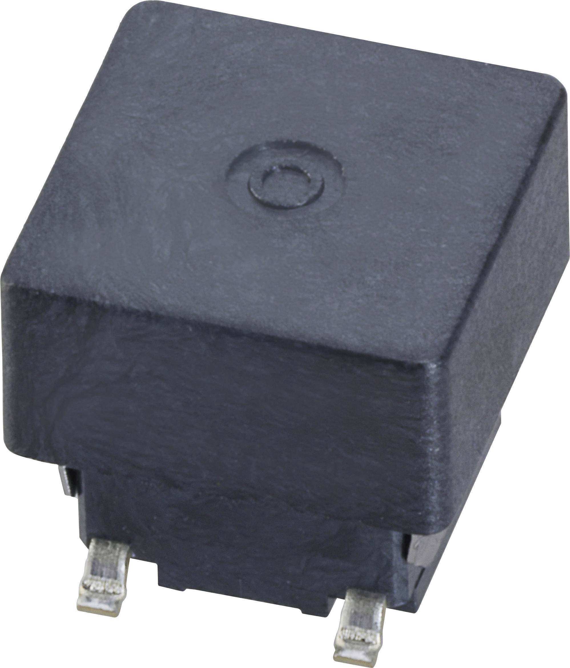 A black electronic component in cube form with two metallic connections on its underside.