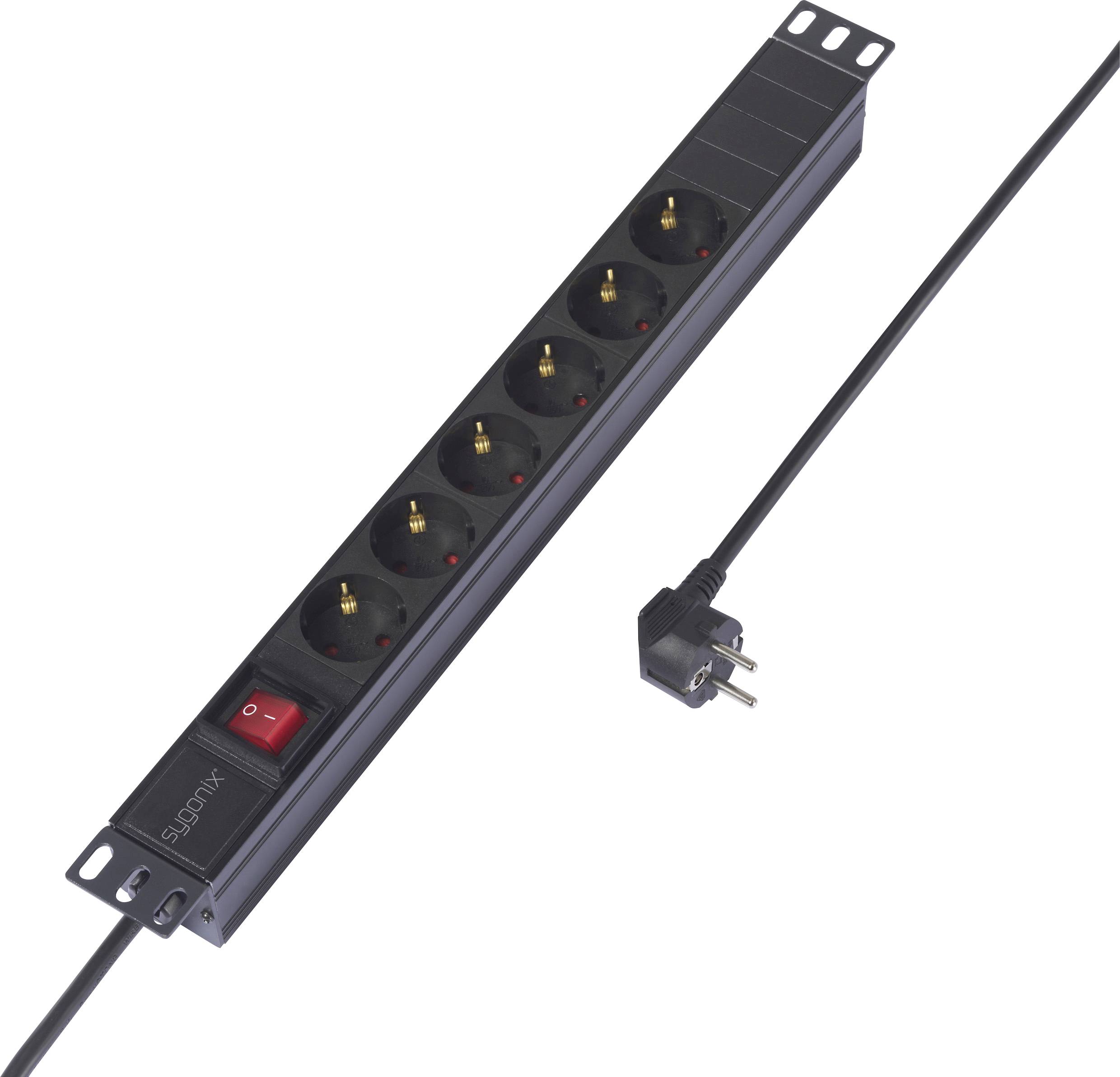 Black power strip with six socket outlets and a red on/off switch, with attached cable and black plug.