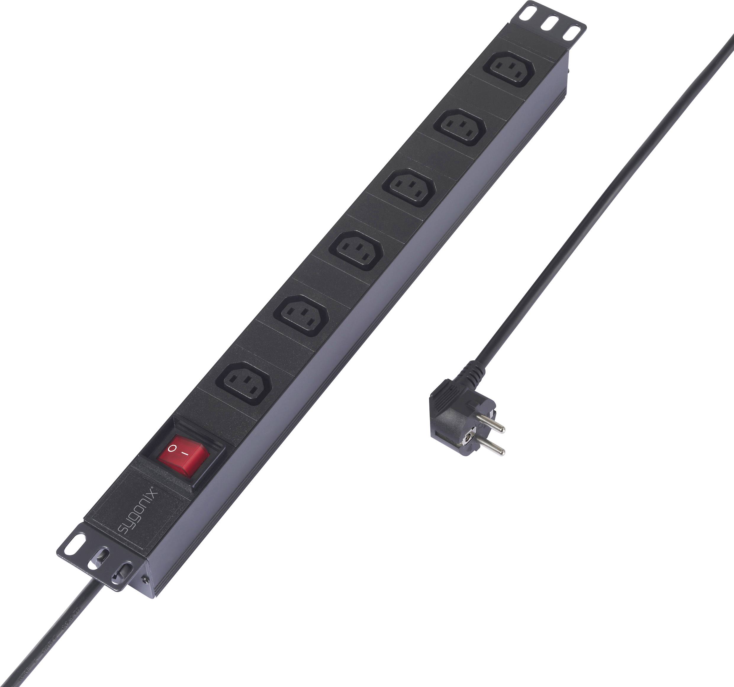 Black power strip with six Schuko sockets and a red rocker switch, mountable, with cable and plug.