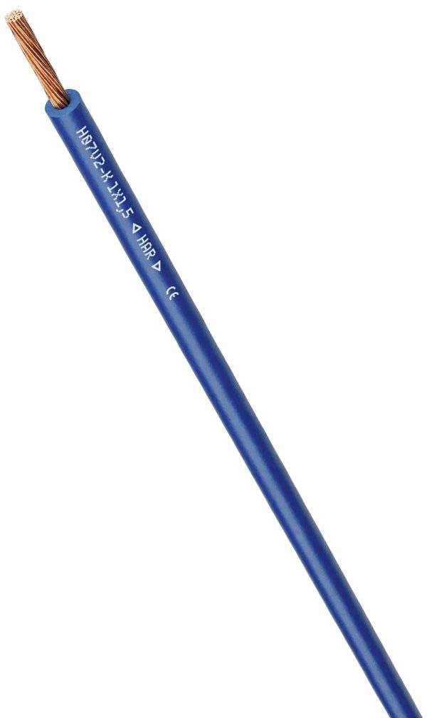 A blue electrical cable with a copper wire inside.