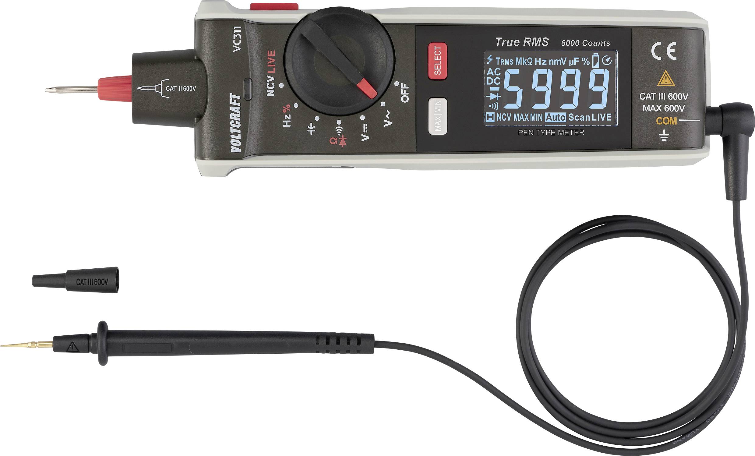 Multimeter displaying 599, needle probe attached. Features dial for voltage, resistance, and continuity. CAT III 600V rating.